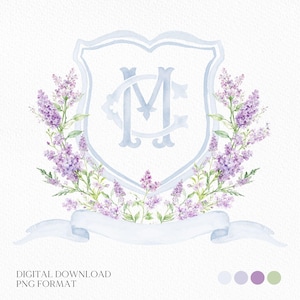 Lilac Lavender Purple Flower Wedding Crest - Monogram Crest - lavender purple Floral Luxury Watercolor Wedding Crest, Romantic Wedding Crest