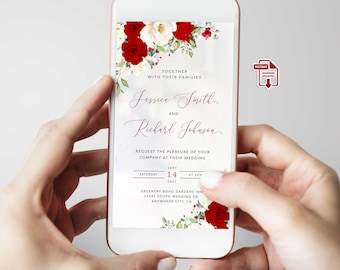 ROSIE - Red floral Wedding Evite, Invitation Electronic Card, Wedding Digital Template, Red Roses Wedding Bundle, Smartphone Electronic