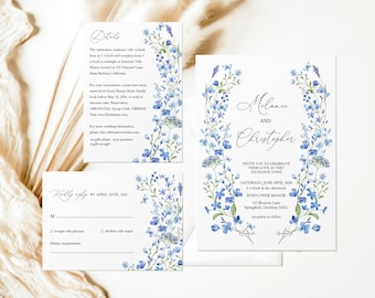 Spring Wedding Invitation, Garden Wedding, Wildflower Wedding, Symmetrical Flowers, Hand Drawn Florals, Blue Florals, Spring Flowers