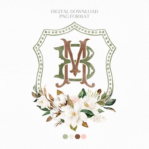 Magnolia Cotton Flower Watercolor Wedding Crest - Monogram Crest - Magnolia Floral Watercolor Wedding Crest - Romantic Wedding Crest