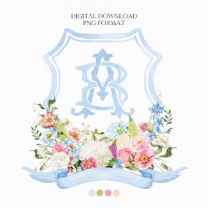 Escudo de boda de acuarela con flores silvestres, hortensias florales brillantes, escudo de boda con monograma, escudo de boda floral en acuarela, escudo de boda romántico