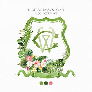 Greenery Tropical Foliage Palms Watercolor Flowers Wedding Crest - Monogram Crest - Floral Watercolor Wedding Crest - Romantic Wedding Crest