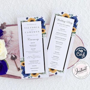 Sunflowers Royal blue roses Watercolor Floral Wedding Program, Rustic Wedding Program, Wedding Ceremony Program Instant download