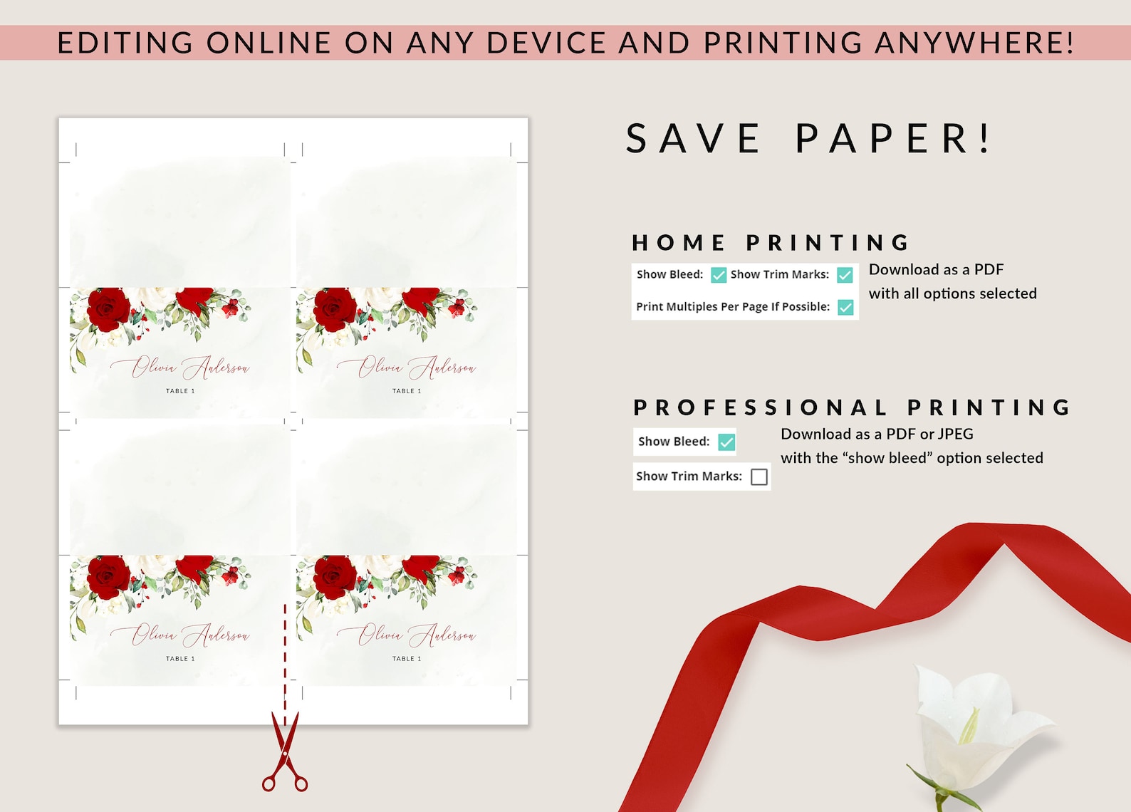 ROSIE Printable Table Name Card, Red and White Roses Place Cards ...
