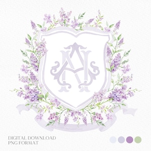 Lilac Lavender Purple Flower Wedding Crest - Monogram Crest - lavender purple Floral Luxury Watercolor Wedding Crest, Romantic Wedding Crest