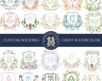Custom Watercolor Floral Wedding Crests Clipart, Custom Wedding Crest Event Stationery, Digital Wedding Monogram | Pre-made Crests PNG