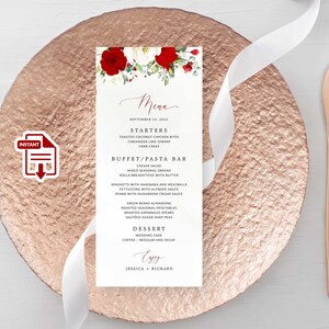 ROSIE - Red Floral Wedding Menu Card Template, Red and White Roses Menu ...