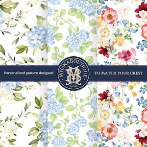 May include: A collection of floral patterns featuring watercolor designs of hydrangeas, poppies, and other flowers in shades of blue, red, yellow, and white. The patterns are set against a white background. Text includes "Personalized pattern designed" and "To match your crest".