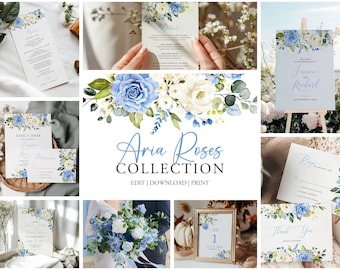 Blue Floral Wedding Invitation Suite, Modern Template (Digital Download)