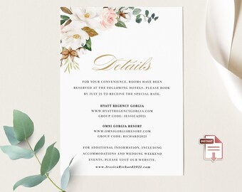 Magnolia Wedding Details Card, Printable Details Card, Elegant Info Card, Editable Template, Southern Wedding, wedding Details Card