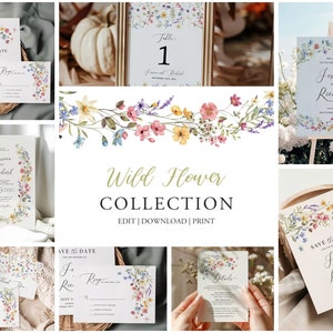 May include: A collection of printable wedding stationery featuring a watercolor wildflower design. The set includes save the dates, invitations, RSVP cards, details cards, and table numbers. The flowers are in shades of pink, blue, yellow, and green.