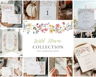 Peut inclure: Une collection de papeterie de mariage imprimable avec un motif de fleurs sauvages aquarelle. L'ensemble comprend des faire-part, des invitations, des cartes RSVP, des cartes de détails et des numéros de table. Les fleurs sont dans des tons de rose, bleu, jaune et vert.