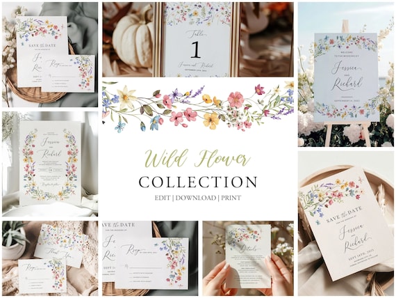 Wildflower Floral Wedding Template Kit, Wedding Stationery Bundle, Wedding Invitation Suite, Pastel Wildflower Invitation, Floral Wreath