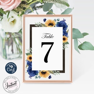 Sunflower Roses Royal Blue Numéro de table de mariage, Numéro de table de mariage de tournesol rustique, Imprimable, Numéro de table de pays en bois