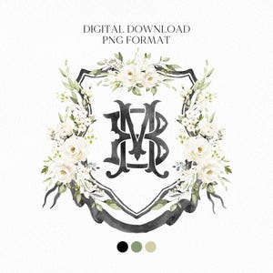 Creamy Rose Ivory Greenery White Flower Wedding Crest - Monogram Crest - White Floral Watercolor Wedding Crest - Romantic Wedding Crest