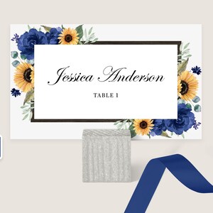 Modello di segnaposto per matrimoni, girasoli e rose blu reali Biglietti di nozze, eucalipto, segnaposto stampabili Boho rustico