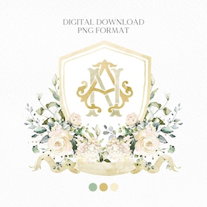 White Rose Greenery White Flower Wedding Crest - Monogram Crest - White Floral Watercolor Wedding Crest - Romantic Wedding Crest