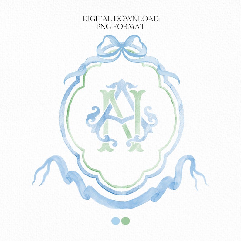 May include: Watercolor monogram with the letters "A" and "N" in a blue and green color scheme. The monogram is surrounded by a decorative frame and a blue ribbon with a bow at the top.