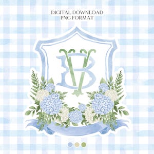 Escudo de boda con hortensia azul y blanca - Escudo con monograma - Escudo de boda de lujo con acuarela floral de hortensia - Escudo de boda romántico