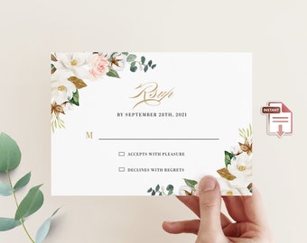 Magnolia Wedding RSVP Card, Printable Reply Card, Elegant RSVP Card, Editable Template, Southern Wedding, wedding response cards