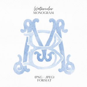 Peut inclure: Monogramme aquarelle avec les lettres MB en bleu clair. Les lettres sont dans une police décorative et sont entrelacées. Le texte "Monogramme aquarelle" et "(PNG - JPEG) FORMAT" sont également inclus dans l'image.