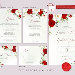 K&ouml;nnte beinhalten: Eine Sammlung von Hochzeitspapeterie, darunter Einladungen, RSVP-Karten und Dankeskarten. Die Designs zeigen rote Rosen und wei&szlig;e Blumen mit gr&uuml;nem Laub. Die Einladung ist 12,7 x 17,8 cm gro&szlig;.