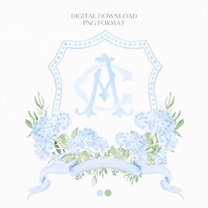 Blue Hydrangea Flower Wedding Crest - Monogram Crest - Hydrangea Light Blue Floral Luxury Watercolor Wedding Crest - Romantic Wedding Crest