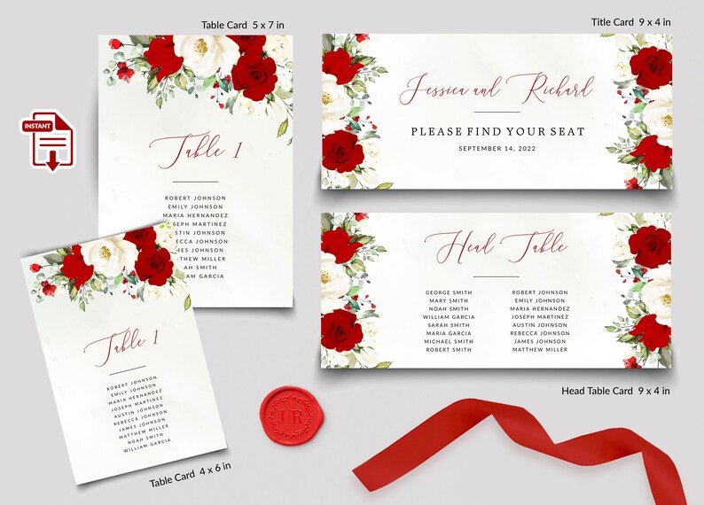 K&ouml;nnte beinhalten: Hochzeitspapeterie-Set mit floralen Designs aus roten Rosen und wei&szlig;en Blumen. Enth&auml;lt Tischkarten, Titelkarten und eine Kopf-Tischkarte. Die Karten haben Namen und Tischnummern. Ein rotes Band und ein Wachssiegel sind ebenfalls enthalten.