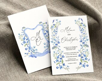 Spring Wedding Invitation, Garden Wedding, Wildflower Wedding, Symmetrical Flowers, Hand Drawn Florals, Blue Florals, Spring Flowers