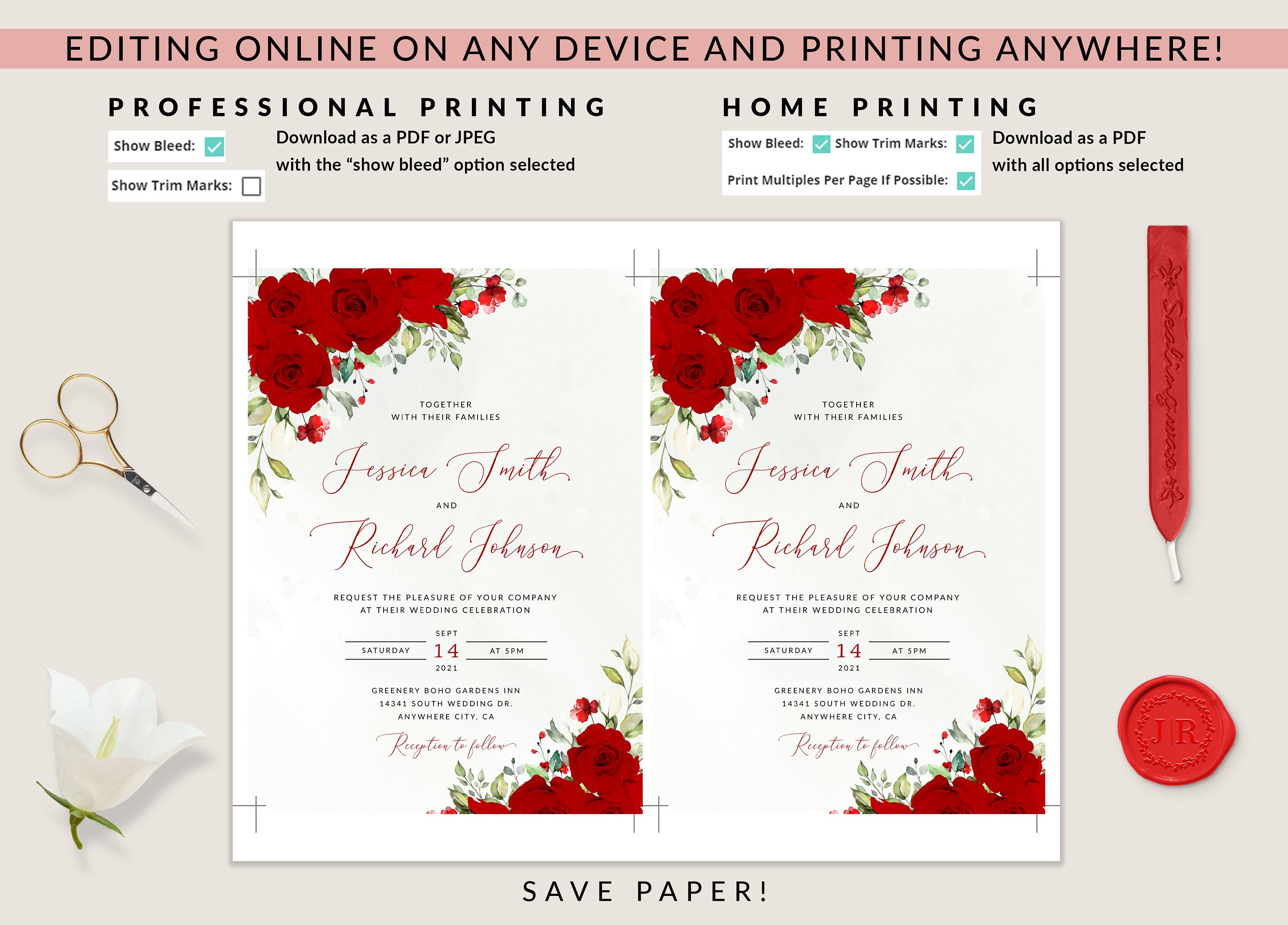 Red Roses Wedding Invitation, Red Floral Wedding Invitation, Red ...