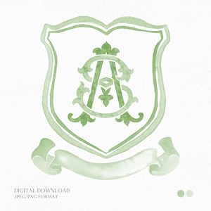 May include: A light green watercolor crest design featuring the intertwined letters "A" and "C" within a shield shape. A banner is below the shield. The words "DIGITAL DOWNLOAD" and "JPEG, PNG FORMAT" are at the bottom.