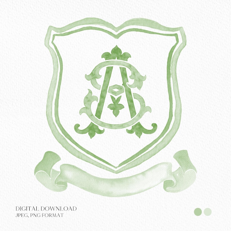 May include: A light green watercolor crest design featuring the intertwined letters "A" and "C" within a shield shape. A banner is below the shield. The words "DIGITAL DOWNLOAD" and "JPEG, PNG FORMAT" are at the bottom.