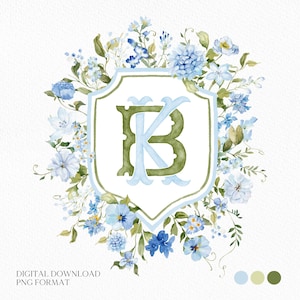 Blue Wildflowers Bright Floral Colorful Watercolor Wedding Crest - Monogram Crest - Floral Watercolor Wedding Crest - Romantic Wedding Crest
