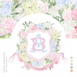 May include: Watercolor floral design featuring a shield with the intertwined letters "AR" in pink and blue, surrounded by pink, blue, and white hydrangeas. A pink ribbon is at the bottom. The words "DIGITAL DOWNLOAD JPEG, PNG FORMAT" are on the left.