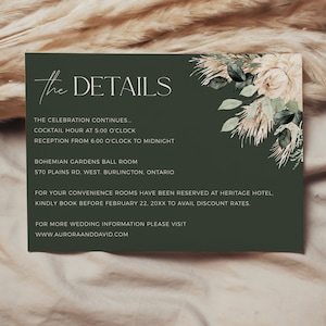 Boho Details Karte Vorlage, Minimalistische Pampas Gras Hochzeit Details, Moderne Boho Hochzeitsunterbringung, Hochzeit Details Karten Vorlage