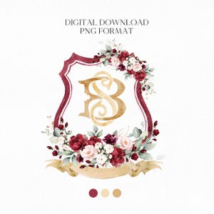 Stemma nuziale con fiore di rosa bordeaux - Stemma monogramma - Stemma nuziale con acquerello floreale bordeaux - Stemma nuziale romantico - Boho Burgundy