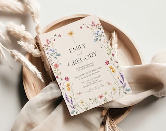 Wildflower Wedding Invitation Template, Printable Wedding Invitation, Wedding Invitation, Pastel Wildflower Invitation, Floral Wreath invite