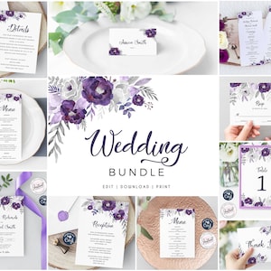 May include: Purple and gray watercolor floral wedding invitation bundle with editable templates for details, menu, RSVP, reception, table numbers, and thank you cards. The text "Wedding Bundle" is written in a script font.