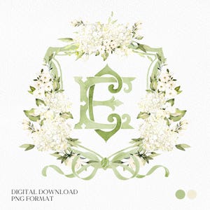Vit hortensiablomma grönska bröllopsvapen - monogramvapen - hortensia blommig lyxig akvarell bröllopsvapen - romantiskt bröllopsvapen