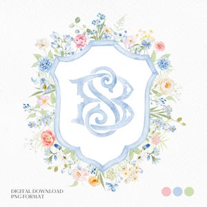 Blue Wildflowers Bright Floral Colorful Watercolor Wedding Crest - Monogram Crest - Floral Watercolor Wedding Crest - Romantic Wedding Crest