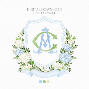 May include: A watercolor monogram with the letters "A" and "C" in a blue and green crest. The crest is surrounded by a wreath of white and blue flowers.