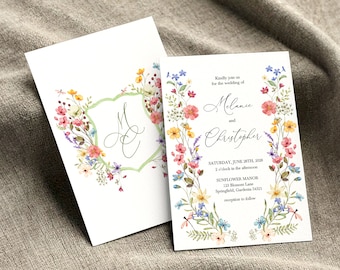 Wildflower Wedding Invitation Template, Printable Wedding Invitation, Wedding Invitation, Pastel Wildflower Invitation, Floral Wreath invite
