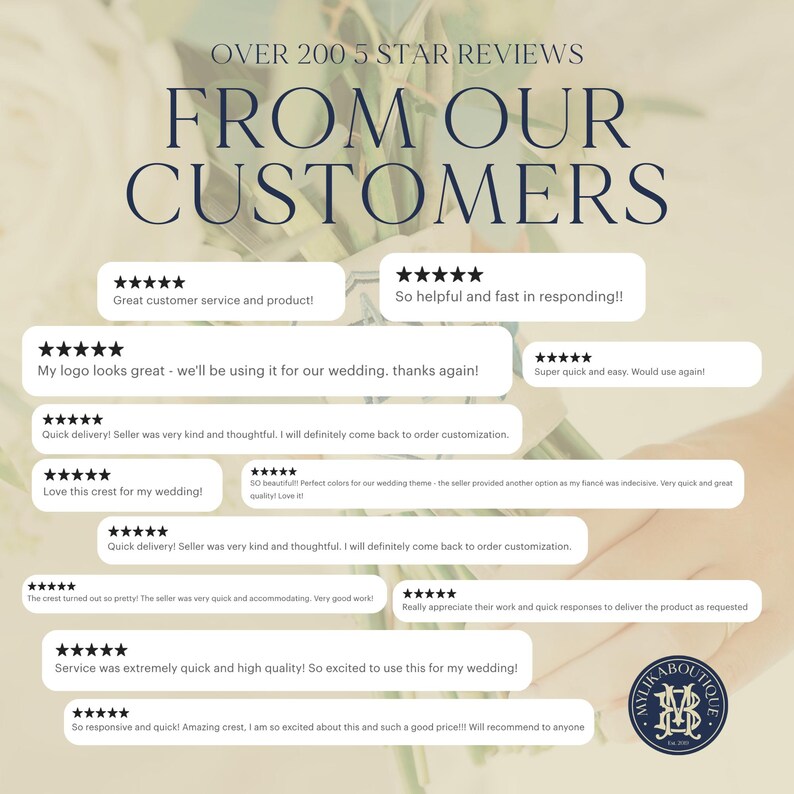 May include: A cream-colored graphic featuring customer reviews with five-star ratings. The text reads "OVER 200 5 STAR REVIEWS FROM OUR CUSTOMERS." Reviews highlight customer service, logo quality, and quick delivery.