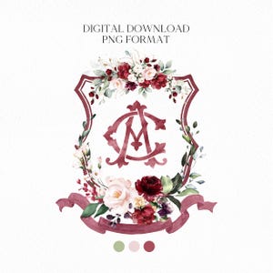 Stemma nuziale floreale rosa bordeaux geometrico - Stemma monogramma - Stemma nuziale floreale acquerello bordeaux - Stemma nuziale romantico