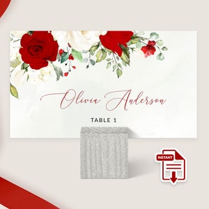ROSIE - Tarjeta de nombre de mesa imprimible, tarjetas de lugar de rosas rojas y blancas, tarjetas de lugar de boda, rosas rojas, planas y plegables, plantilla editable