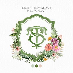 Tropical Watercolor Flowers Wedding Crest - Monogram Crest - Greenery Floral Blue Watercolor Wedding Crest - Romantic Wedding Crest