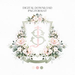 Puede incluir: Una ilustración de acuarela de un monograma floral con las letras "JS" en un escudo. El escudo está rodeado de flores rosas y blancas y hojas verdes. El fondo es blanco.