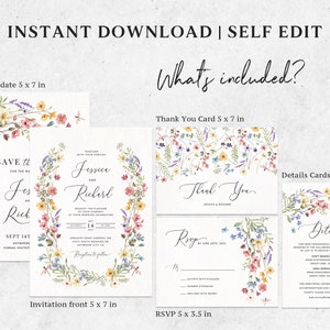 May include: A set of printable wedding stationery featuring a floral design with watercolor flowers in shades of pink, blue, yellow, and green. The set includes a save the date card, invitation, RSVP card, thank you card, and details card. The text on the cards reads "Save the date", "Jessie and Richard", "Thank You", "RSVP", and "Details".