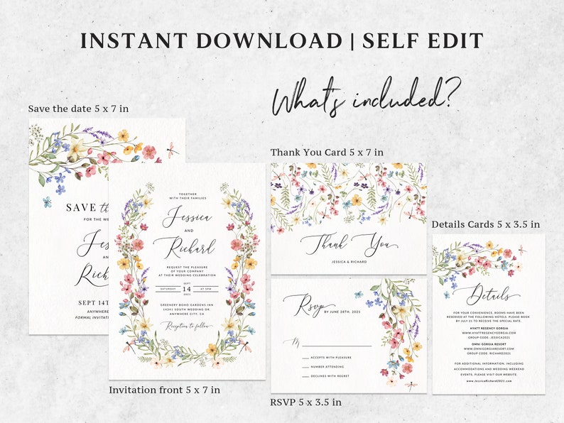 May include: A set of printable wedding stationery featuring a floral design with watercolor flowers in shades of pink, blue, yellow, and green. The set includes a save the date card, invitation, RSVP card, thank you card, and details card. The text on the cards reads "Save the date", "Jessie and Richard", "Thank You", "RSVP", and "Details".