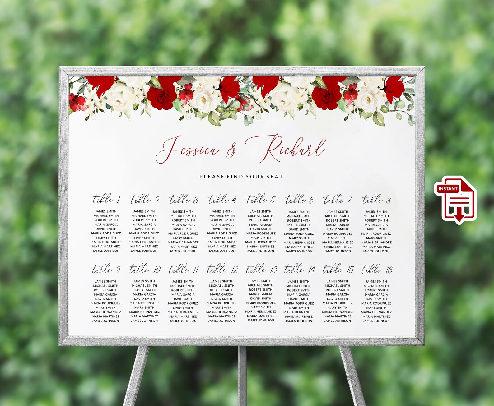 Red Roses Table Seating ROSIE - Red Floral Wedding Seating Chart, Red and White Roses Seating ...